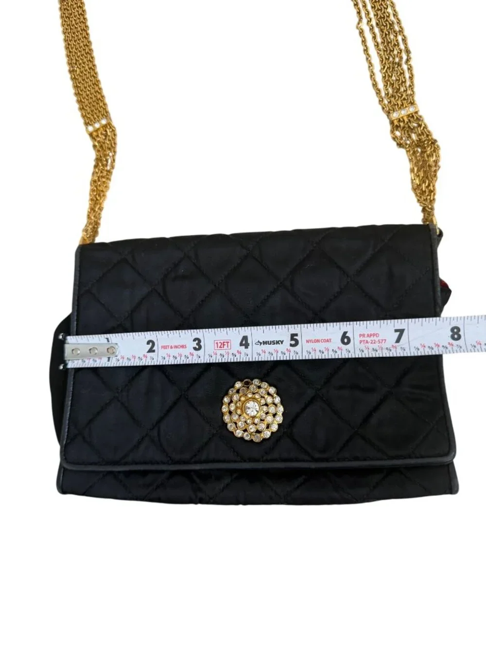 CHANEL Vintage Matelasse Black Silk Leather Rhinestone Chain Shoulder Bag